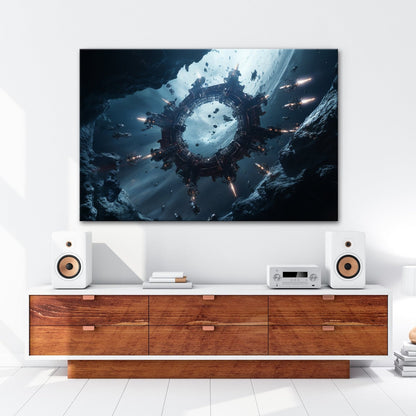 Leinwandbild Sci - Fi XXL – Raumstation zwischen Asteroiden & Raumschiffen - deyoli