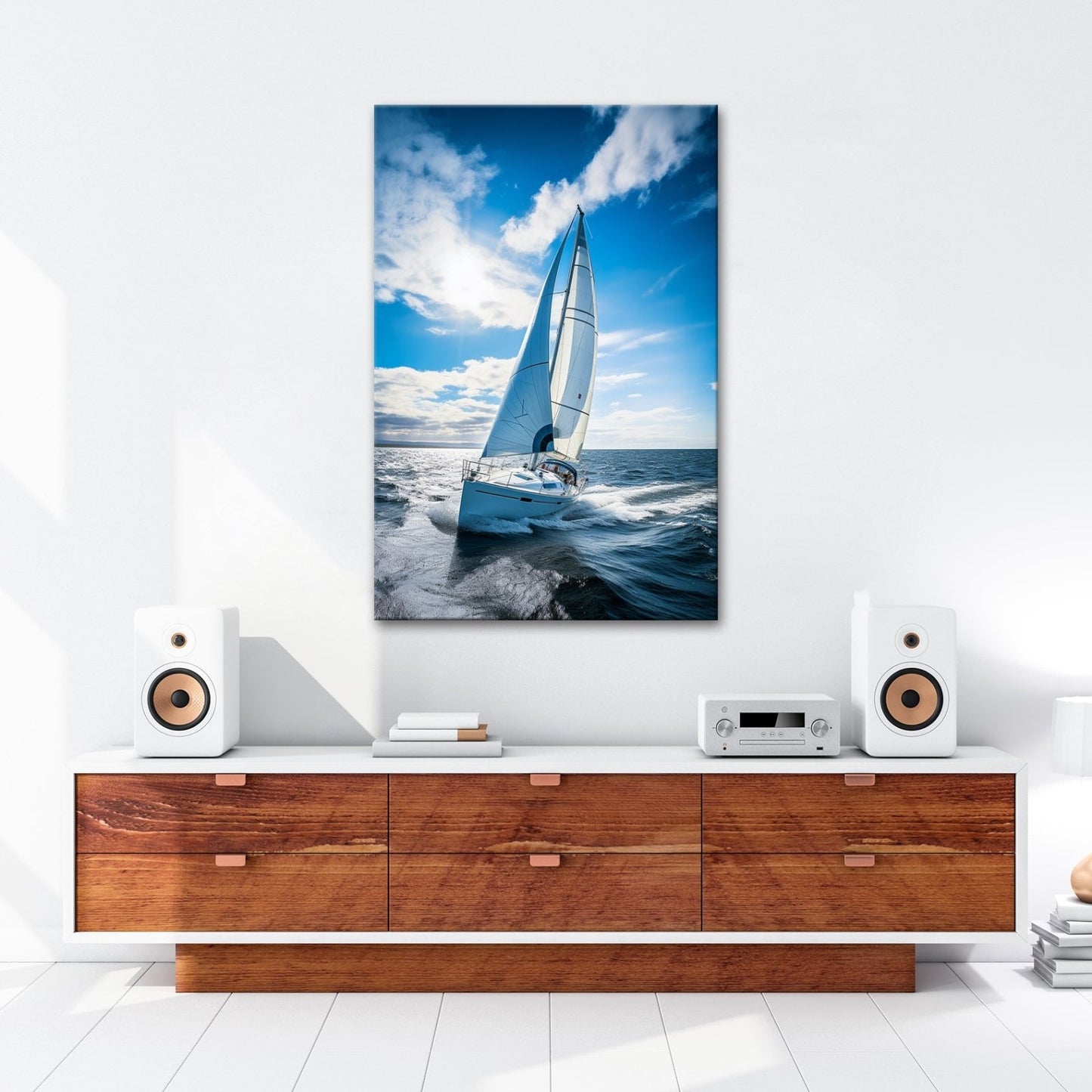 Leinwandbild Segelyacht trotzt den Wellen in blauem Glanz. - deyoli