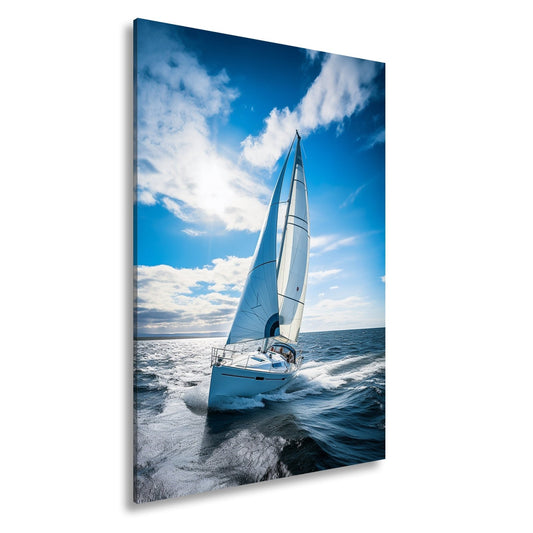 Leinwandbild Segelyacht trotzt den Wellen in blauem Glanz. - deyoli