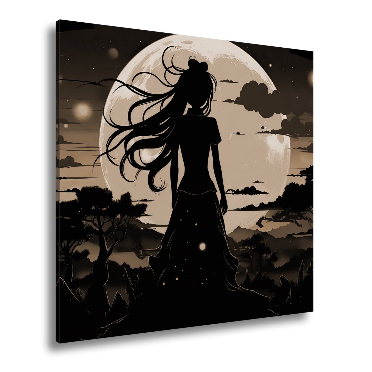Leinwandbild Silhouette im Abendlicht vor riesigem goldenen Mond. - deyoli