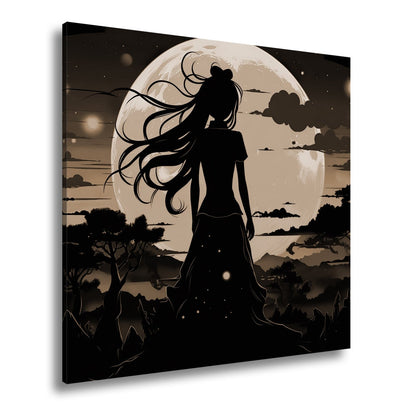 Leinwandbild Silhouette im Abendlicht vor riesigem goldenen Mond. - deyoli