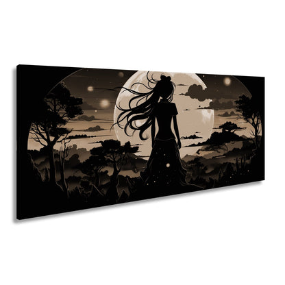 Leinwandbild Silhouette im Abendlicht vor riesigem goldenen Mond. - deyoli