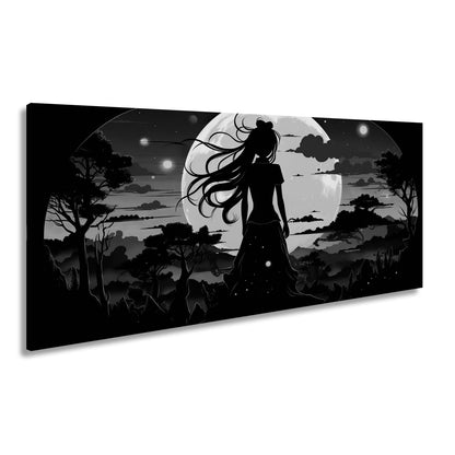 Leinwandbild Silhouette im Abendlicht vor riesigem goldenen Mond. - deyoli