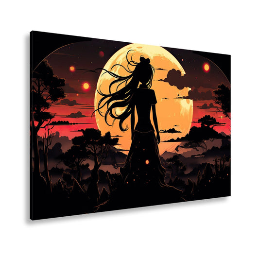 Leinwandbild Silhouette im Abendlicht vor riesigem goldenen Mond. - deyoli