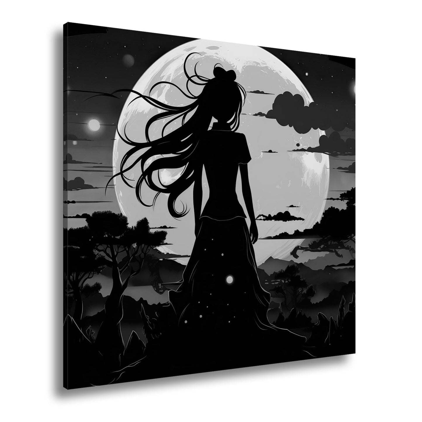 Leinwandbild Silhouette im Abendlicht vor riesigem goldenen Mond. - deyoli