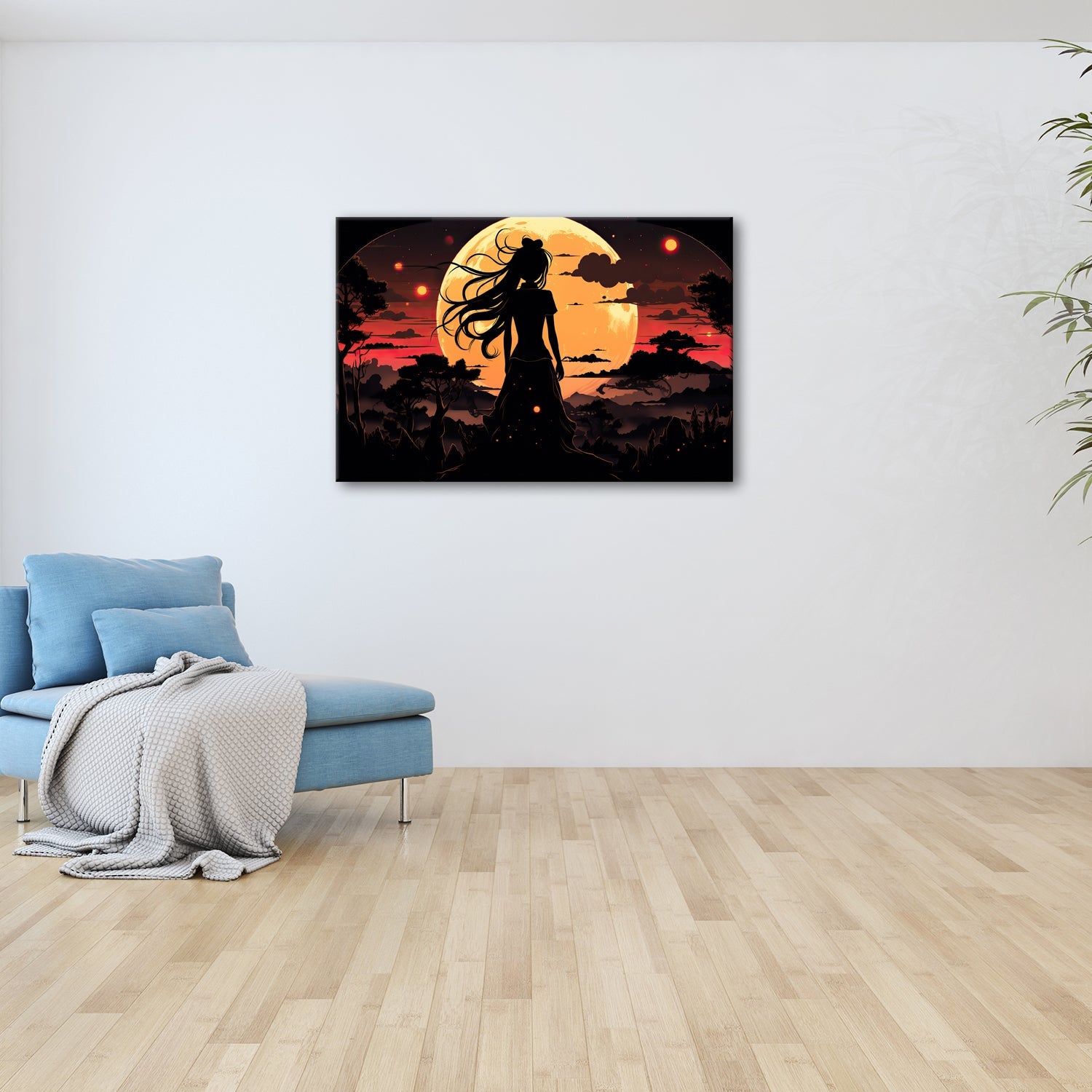 Leinwandbild Silhouette im Abendlicht vor riesigem goldenen Mond. - deyoli