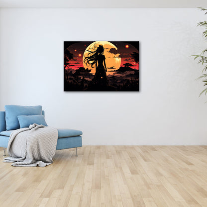 Leinwandbild Silhouette im Abendlicht vor riesigem goldenen Mond. - deyoli
