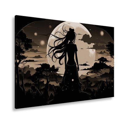 Leinwandbild Silhouette im Abendlicht vor riesigem goldenen Mond. - deyoli