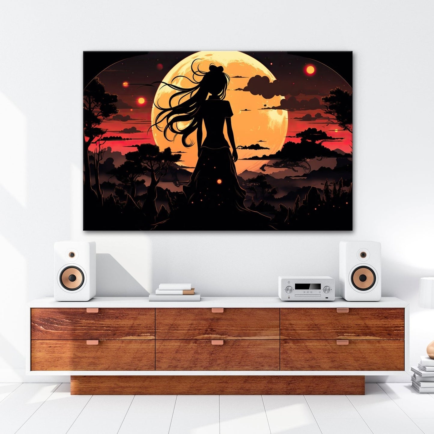 Leinwandbild Silhouette im Abendlicht vor riesigem goldenen Mond. - deyoli