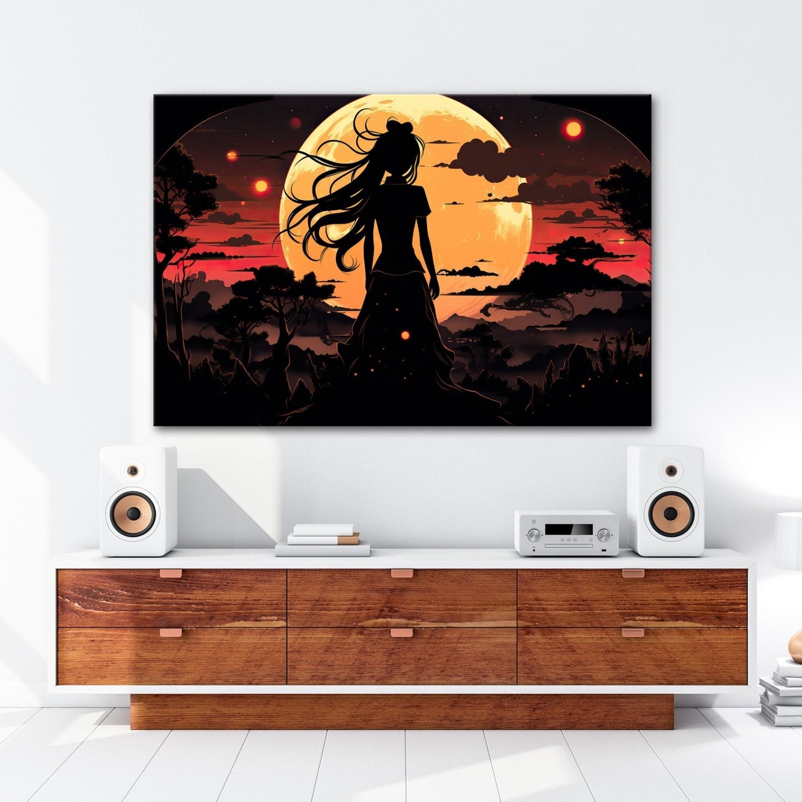 Leinwandbild Silhouette im Abendlicht vor riesigem goldenen Mond. - deyoli