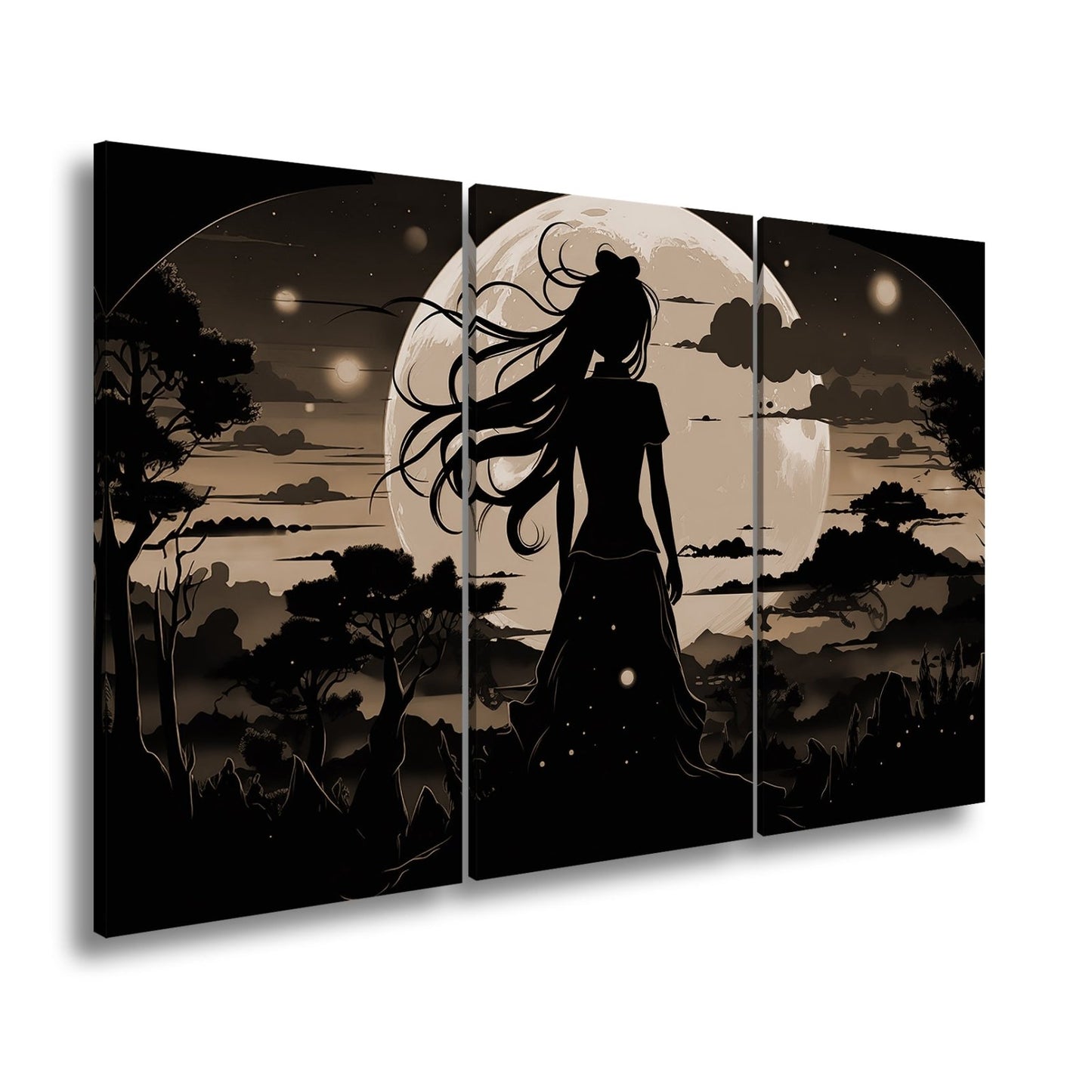 Leinwandbild Silhouette im Abendlicht vor riesigem goldenen Mond. - deyoli