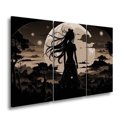 Leinwandbild Silhouette im Abendlicht vor riesigem goldenen Mond. - deyoli