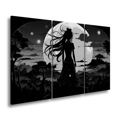 Leinwandbild Silhouette im Abendlicht vor riesigem goldenen Mond. - deyoli