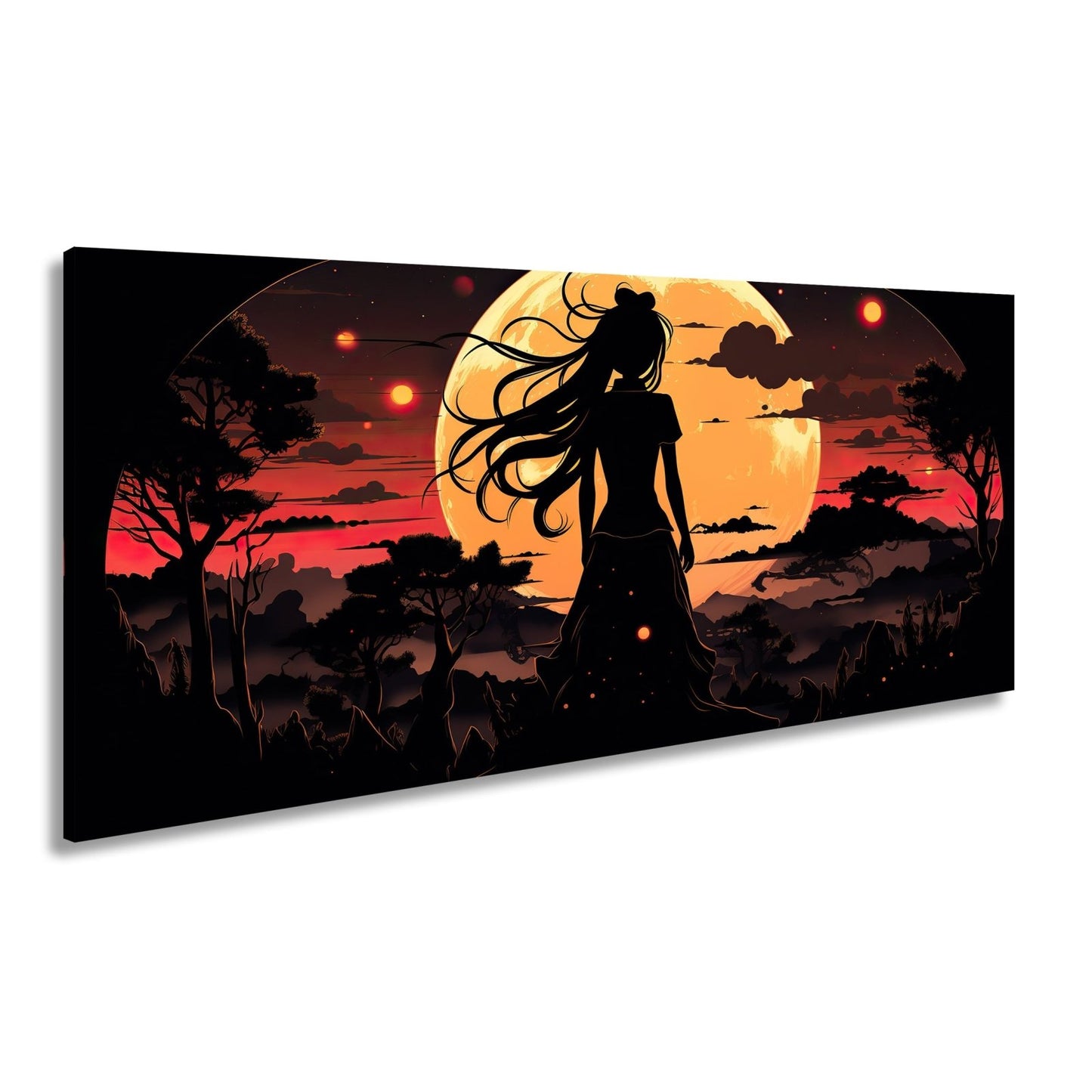 Leinwandbild Silhouette im Abendlicht vor riesigem goldenen Mond. - deyoli