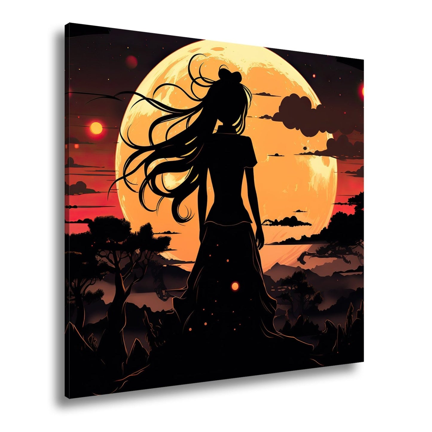 Leinwandbild Silhouette im Abendlicht vor riesigem goldenen Mond. - deyoli
