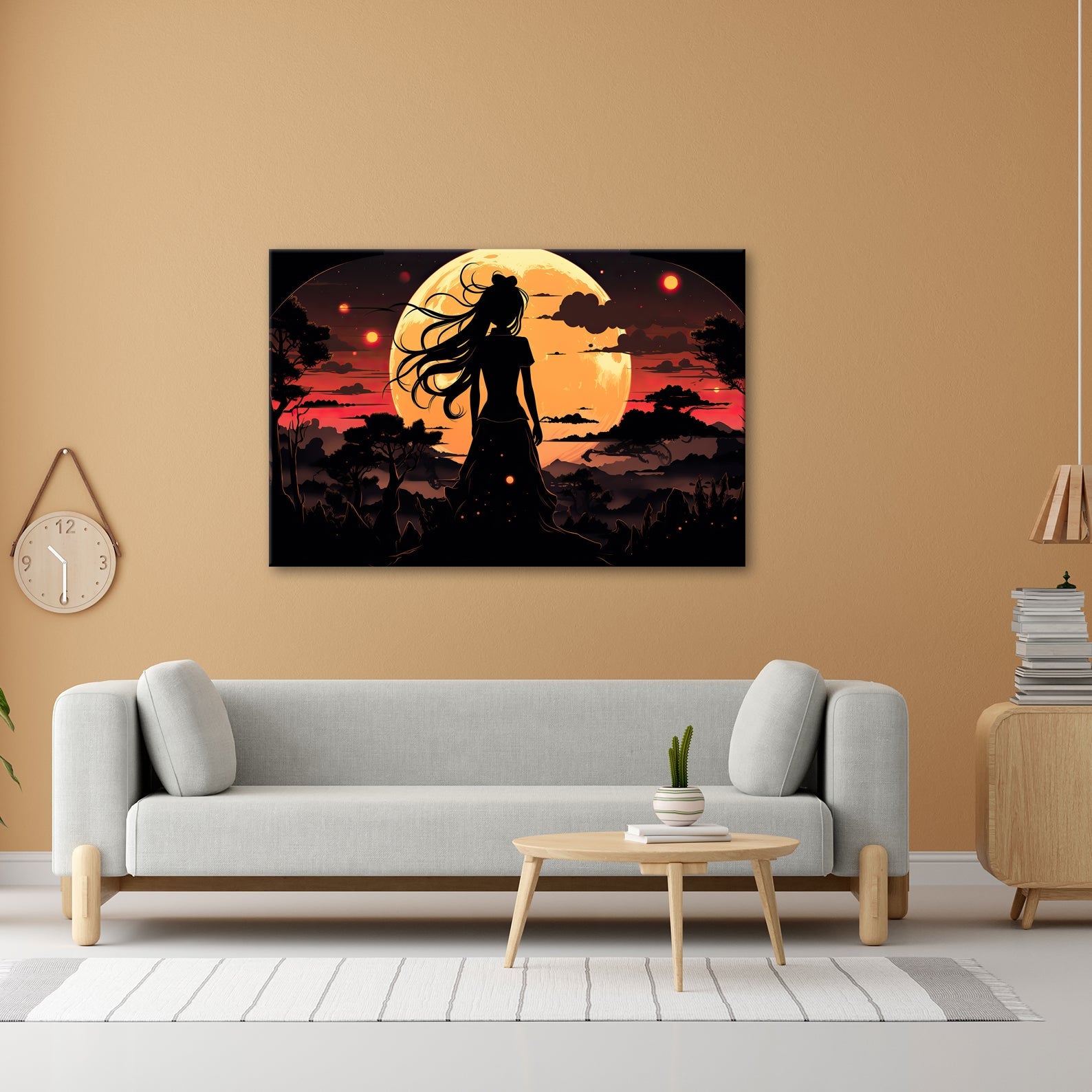 Leinwandbild Silhouette im Abendlicht vor riesigem goldenen Mond. - deyoli
