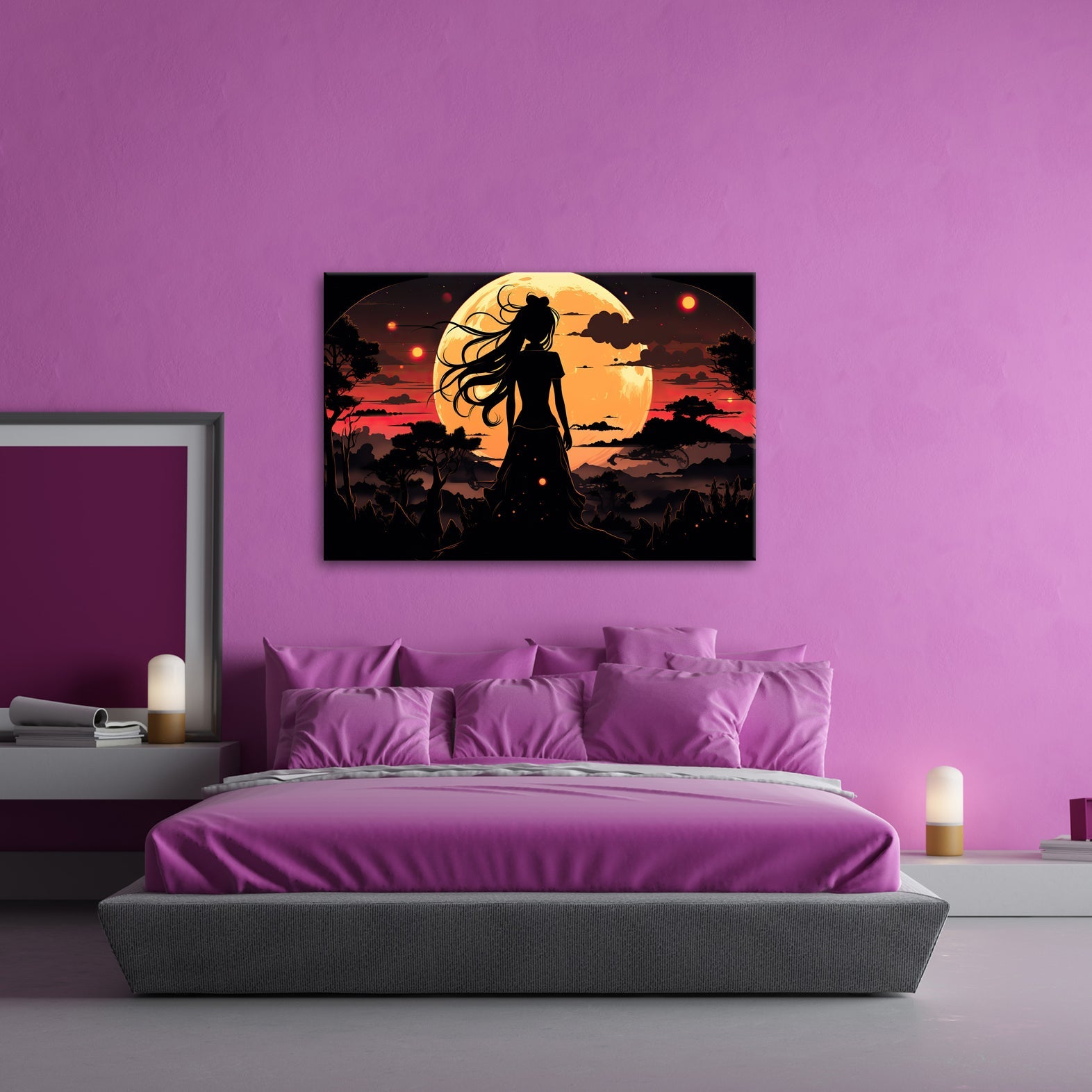 Leinwandbild Silhouette im Abendlicht vor riesigem goldenen Mond. - deyoli