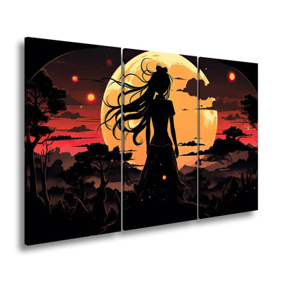 Leinwandbild Silhouette im Abendlicht vor riesigem goldenen Mond. - deyoli
