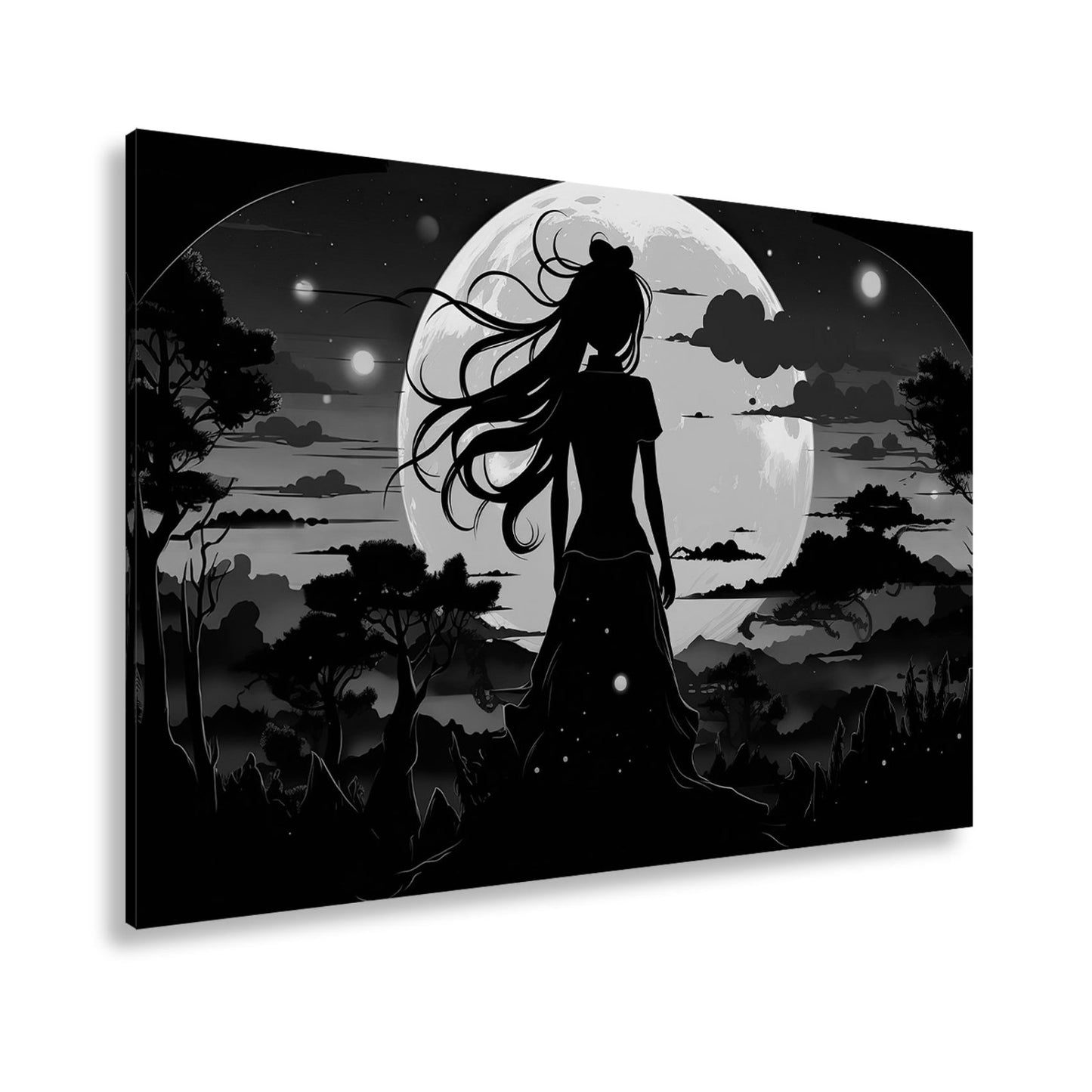 Leinwandbild Silhouette im Abendlicht vor riesigem goldenen Mond. - deyoli