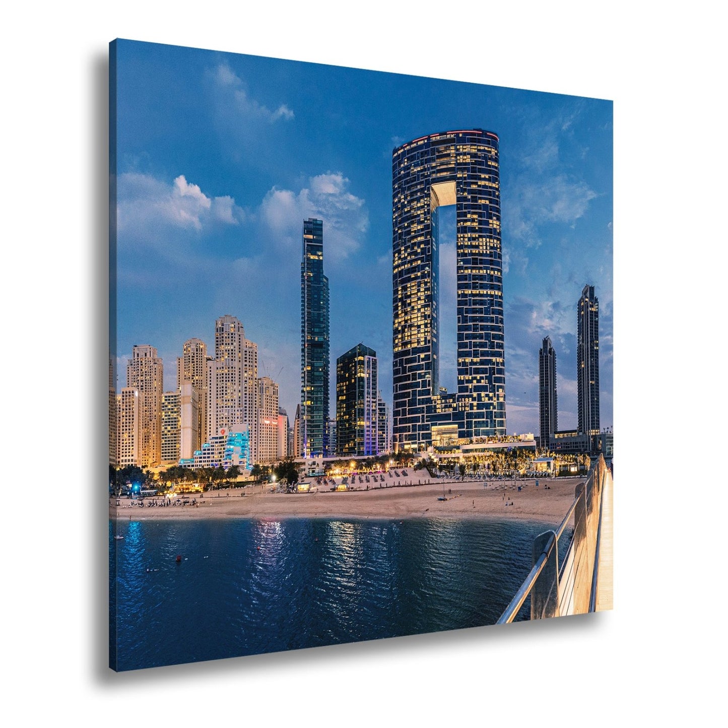 Leinwandbild Skyline XXL – Moderne Hochhäuser am Meer bei Sonnenuntergang - deyoli