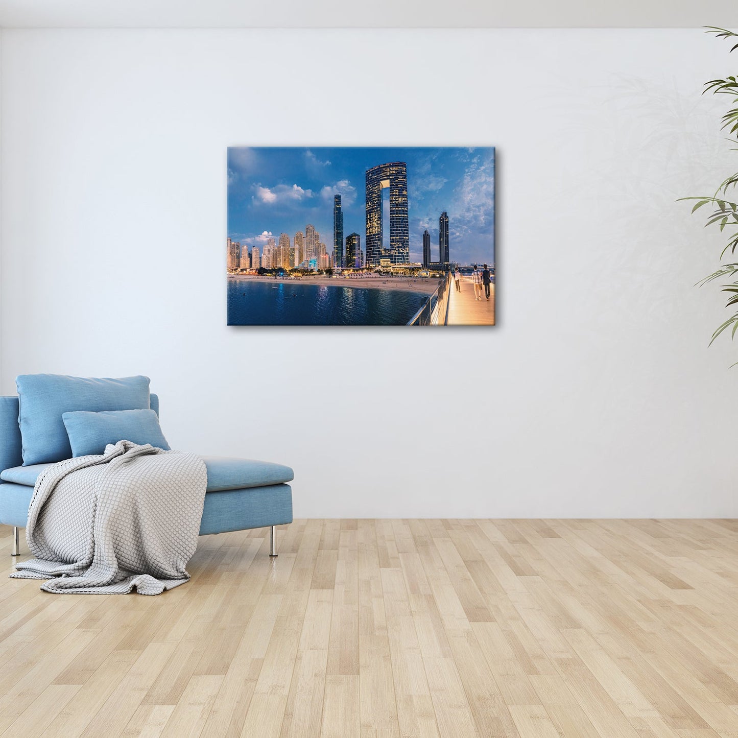 Leinwandbild Skyline XXL – Moderne Hochhäuser am Meer bei Sonnenuntergang - deyoli
