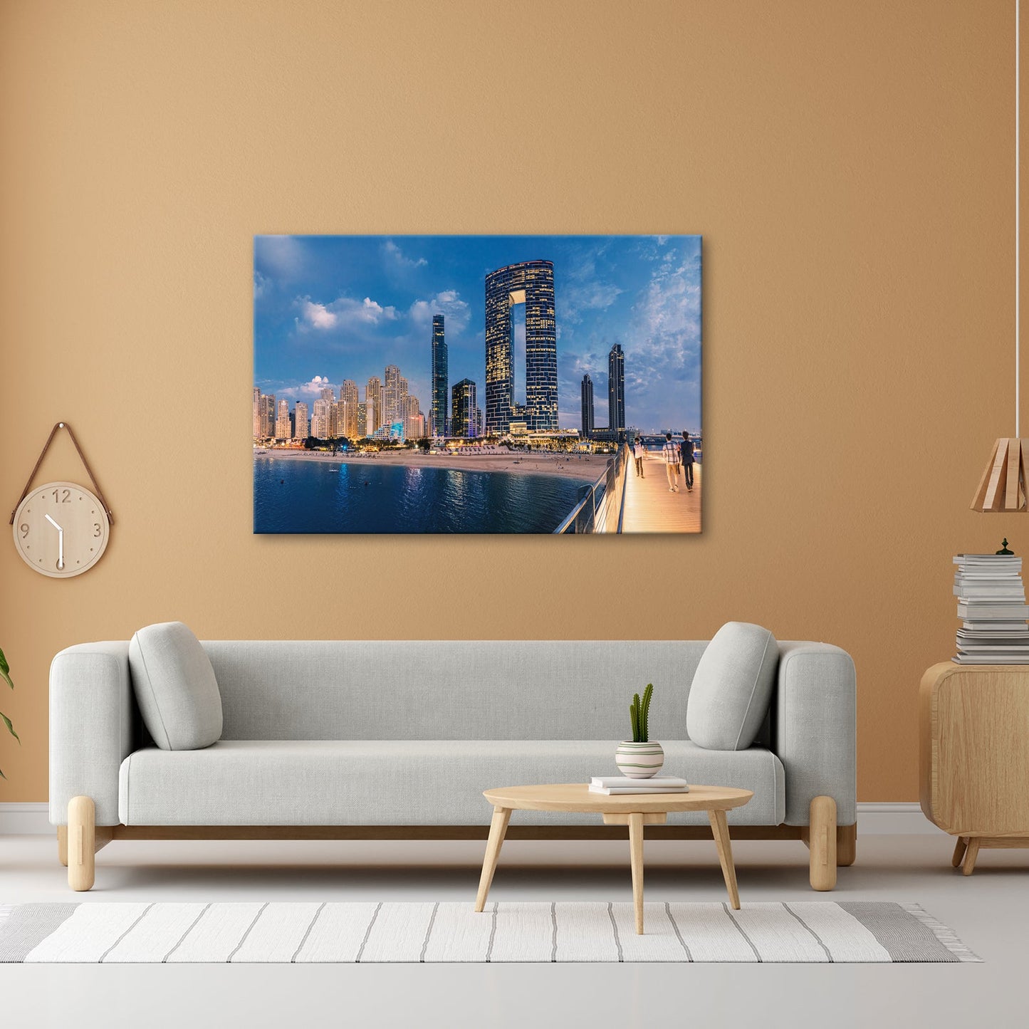 Leinwandbild Skyline XXL – Moderne Hochhäuser am Meer bei Sonnenuntergang - deyoli