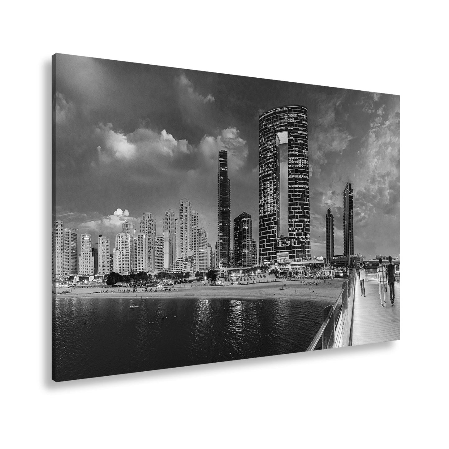 Leinwandbild Skyline XXL – Moderne Hochhäuser am Meer bei Sonnenuntergang - deyoli