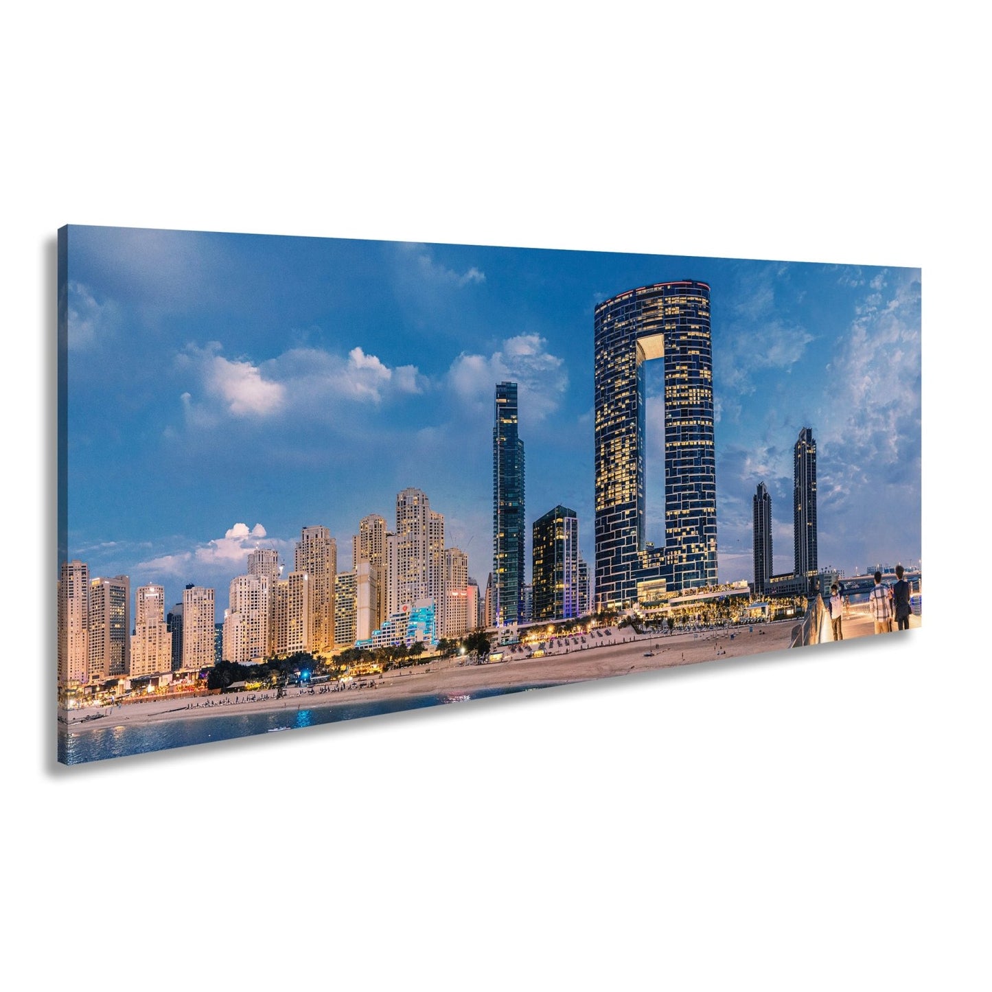 Leinwandbild Skyline XXL – Moderne Hochhäuser am Meer bei Sonnenuntergang - deyoli