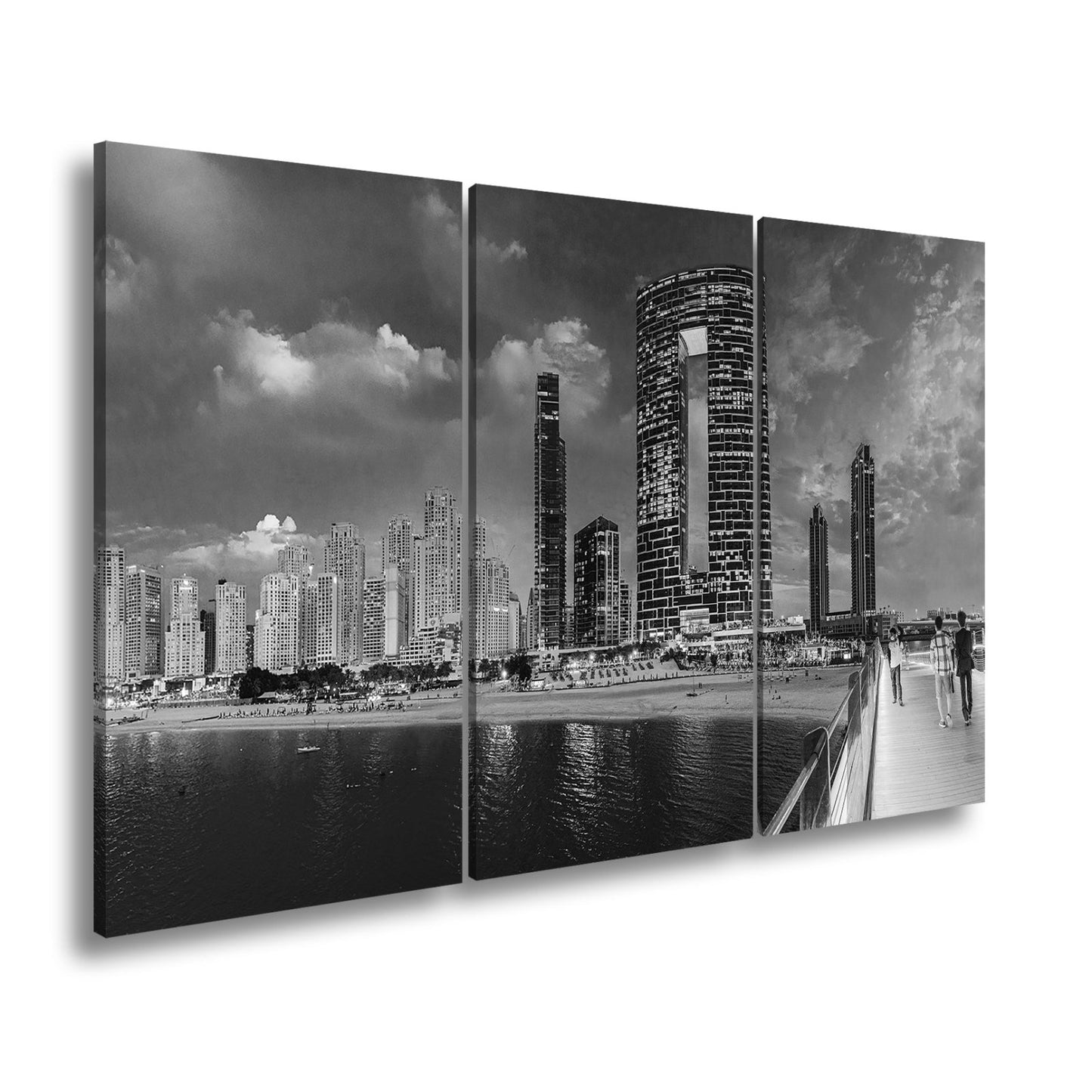 Leinwandbild Skyline XXL – Moderne Hochhäuser am Meer bei Sonnenuntergang - deyoli