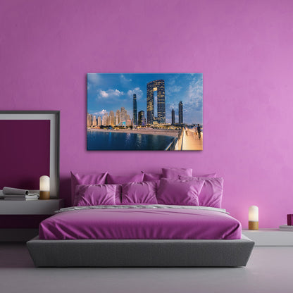 Leinwandbild Skyline XXL – Moderne Hochhäuser am Meer bei Sonnenuntergang - deyoli