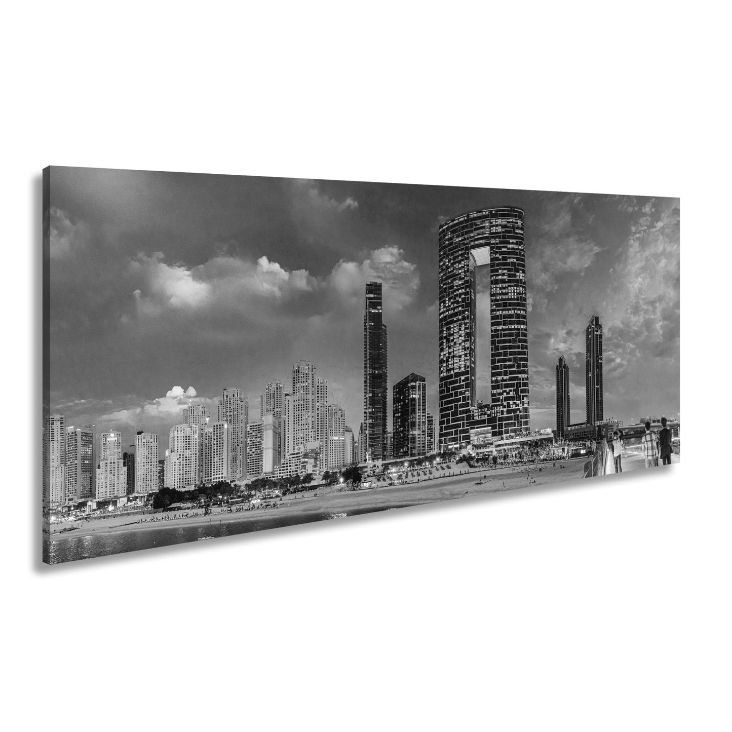 Leinwandbild Skyline XXL – Moderne Hochhäuser am Meer bei Sonnenuntergang - deyoli