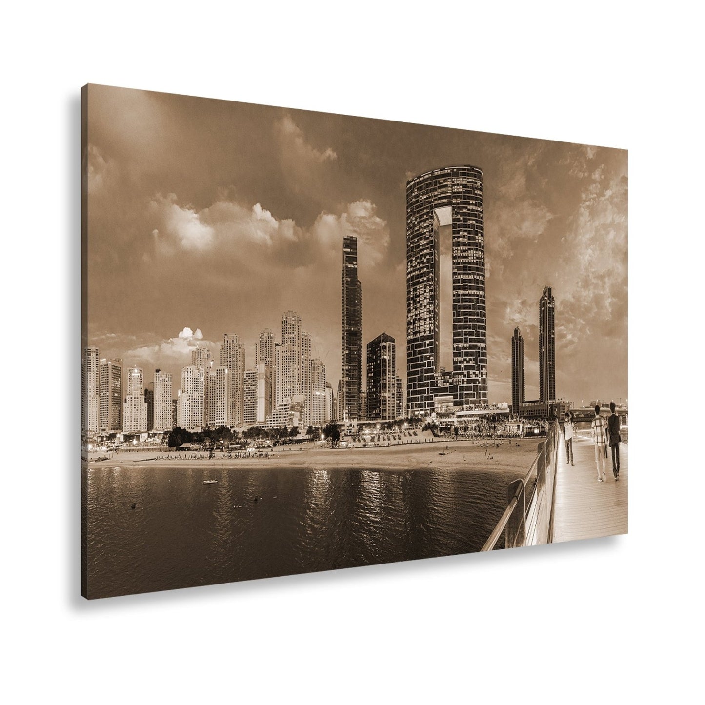 Leinwandbild Skyline XXL – Moderne Hochhäuser am Meer bei Sonnenuntergang - deyoli