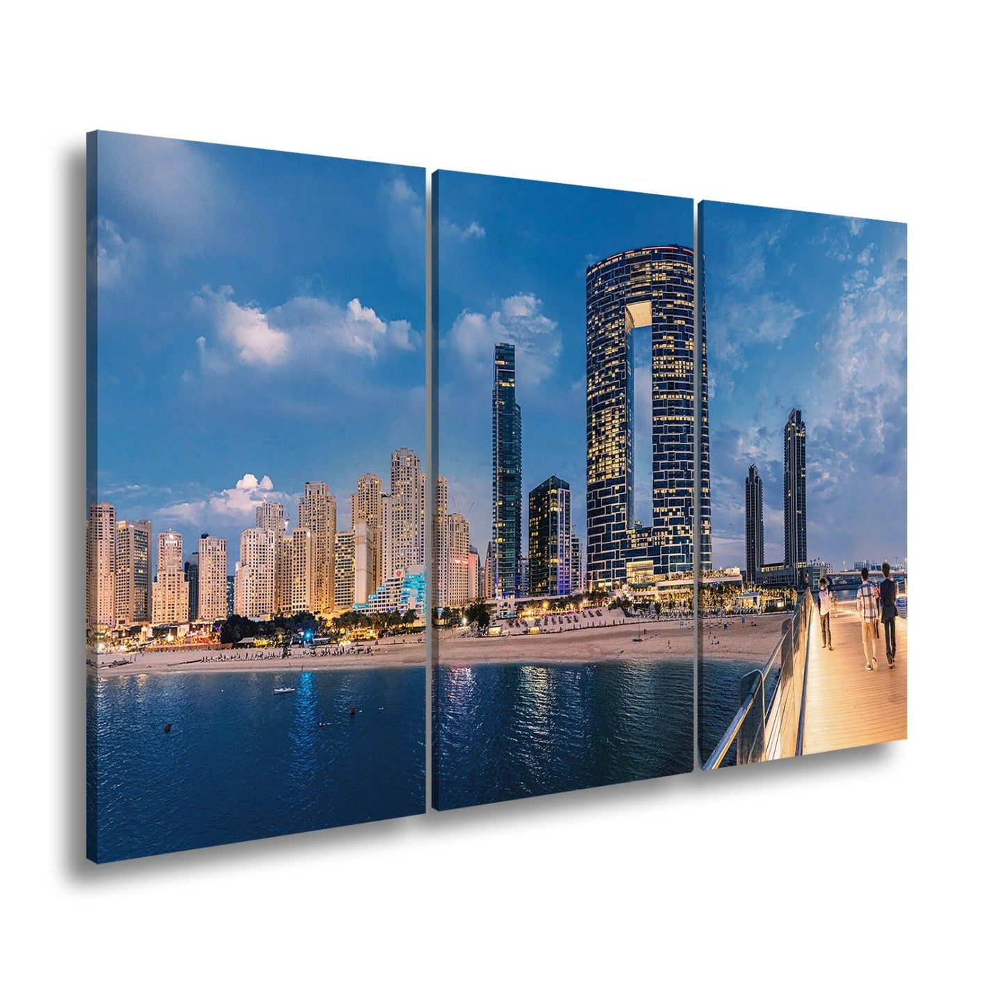 Leinwandbild Skyline XXL – Moderne Hochhäuser am Meer bei Sonnenuntergang - deyoli