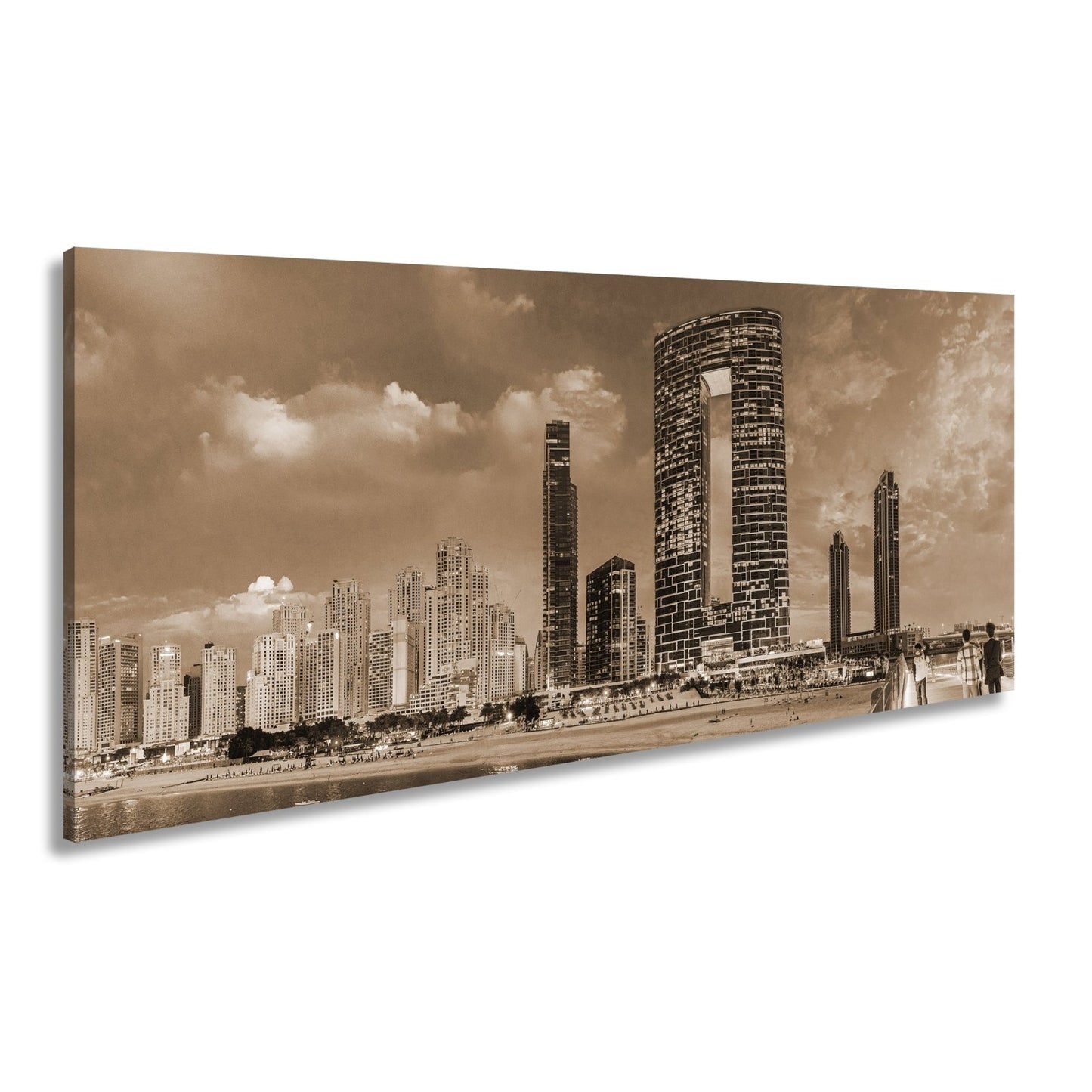 Leinwandbild Skyline XXL – Moderne Hochhäuser am Meer bei Sonnenuntergang - deyoli
