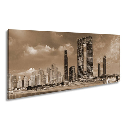 Leinwandbild Skyline XXL – Moderne Hochhäuser am Meer bei Sonnenuntergang - deyoli