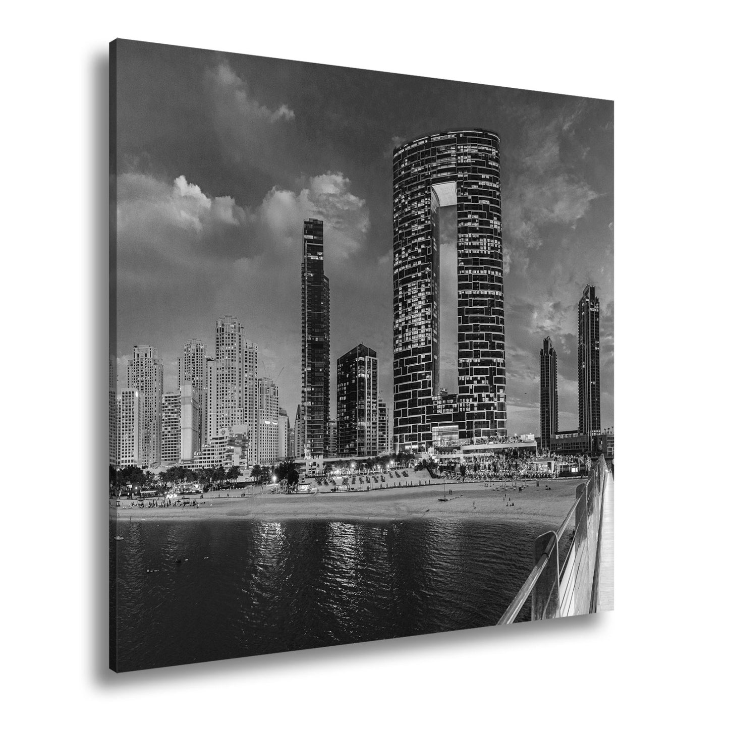 Leinwandbild Skyline XXL – Moderne Hochhäuser am Meer bei Sonnenuntergang - deyoli