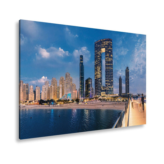 Leinwandbild Skyline XXL – Moderne Hochhäuser am Meer bei Sonnenuntergang - deyoli