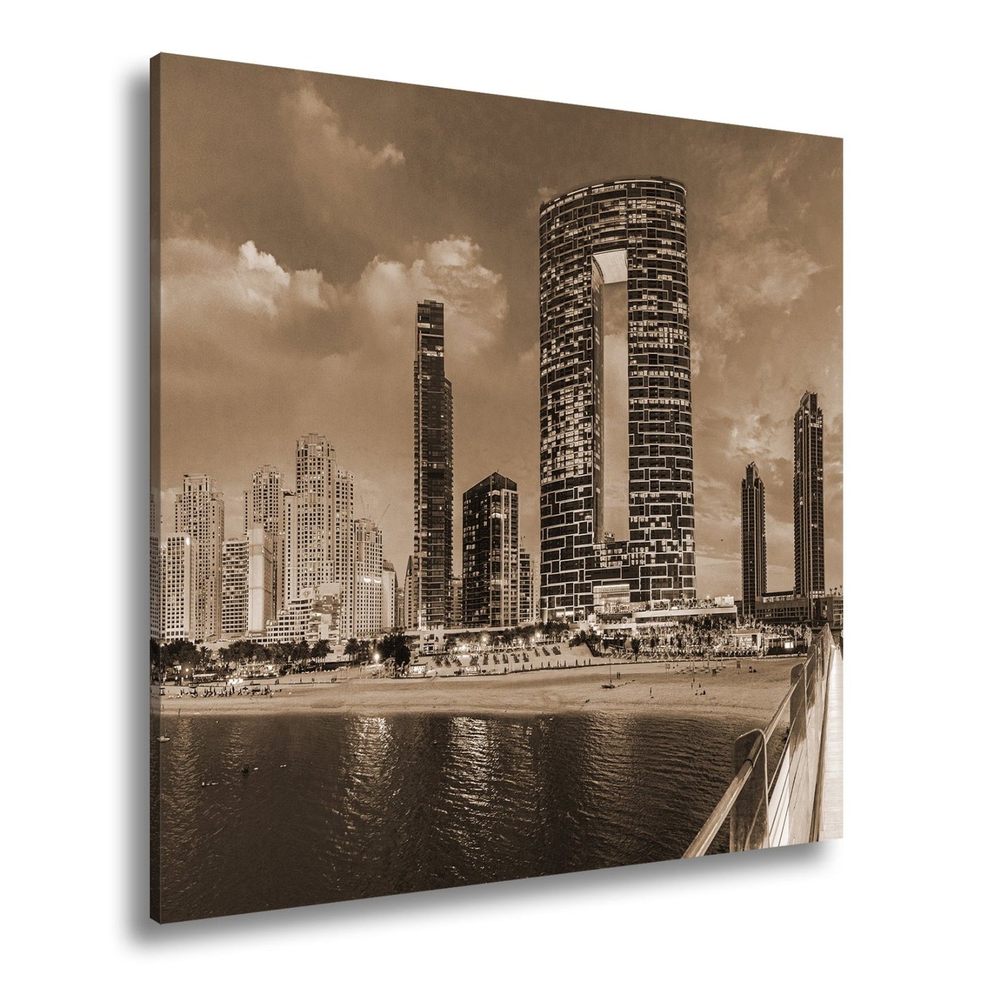 Leinwandbild Skyline XXL – Moderne Hochhäuser am Meer bei Sonnenuntergang - deyoli