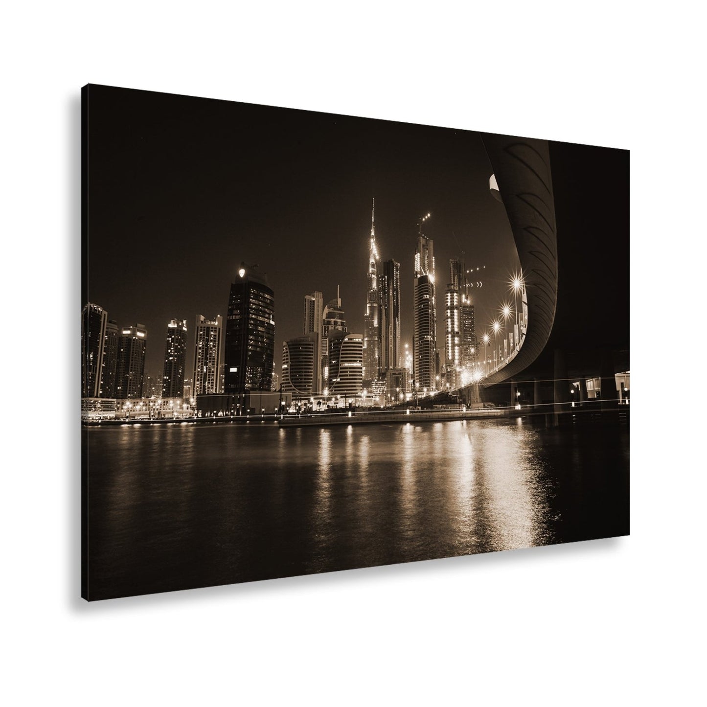 Leinwandbild Skyline XXL – Nächtlich spiegelt in violetten Lichtern - deyoli