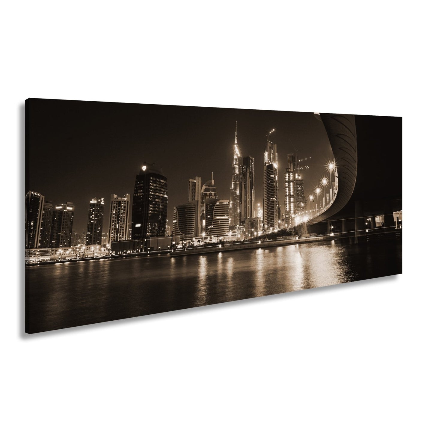 Leinwandbild Skyline XXL – Nächtlich spiegelt in violetten Lichtern - deyoli