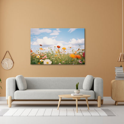 Leinwandbild Sommerwiese tanzt unter Wolken im goldenen Licht. - deyoli