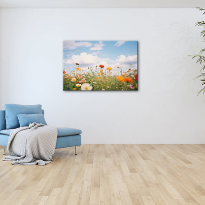 Leinwandbild Sommerwiese tanzt unter Wolken im goldenen Licht. - deyoli