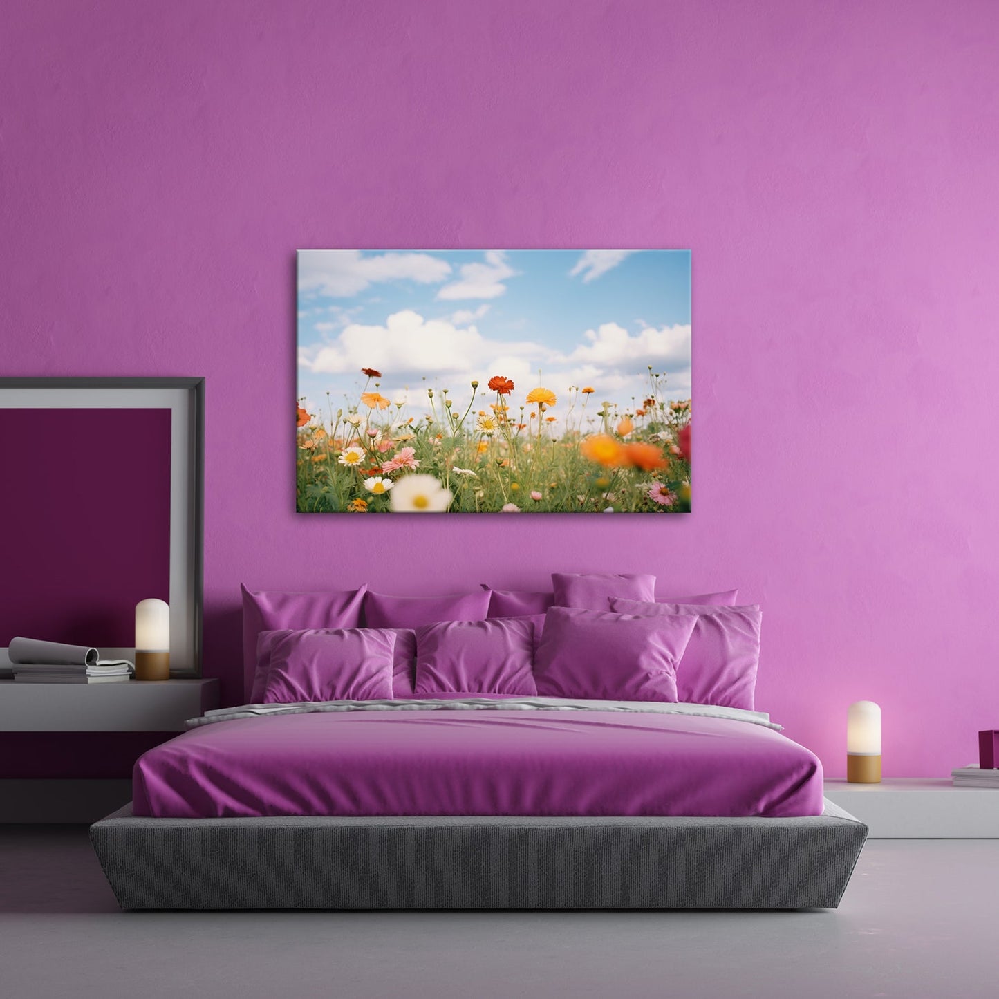 Leinwandbild Sommerwiese tanzt unter Wolken im goldenen Licht. - deyoli