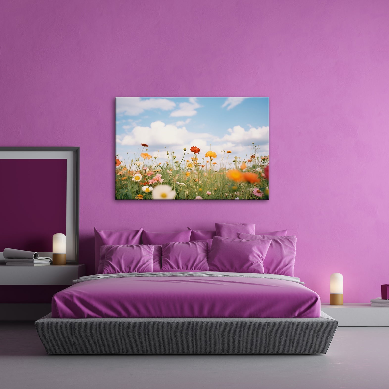 Leinwandbild Sommerwiese tanzt unter Wolken im goldenen Licht. - deyoli