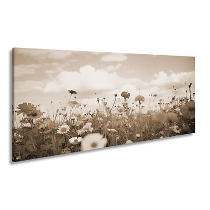 Leinwandbild Sommerwiese tanzt unter Wolken im goldenen Licht. - deyoli