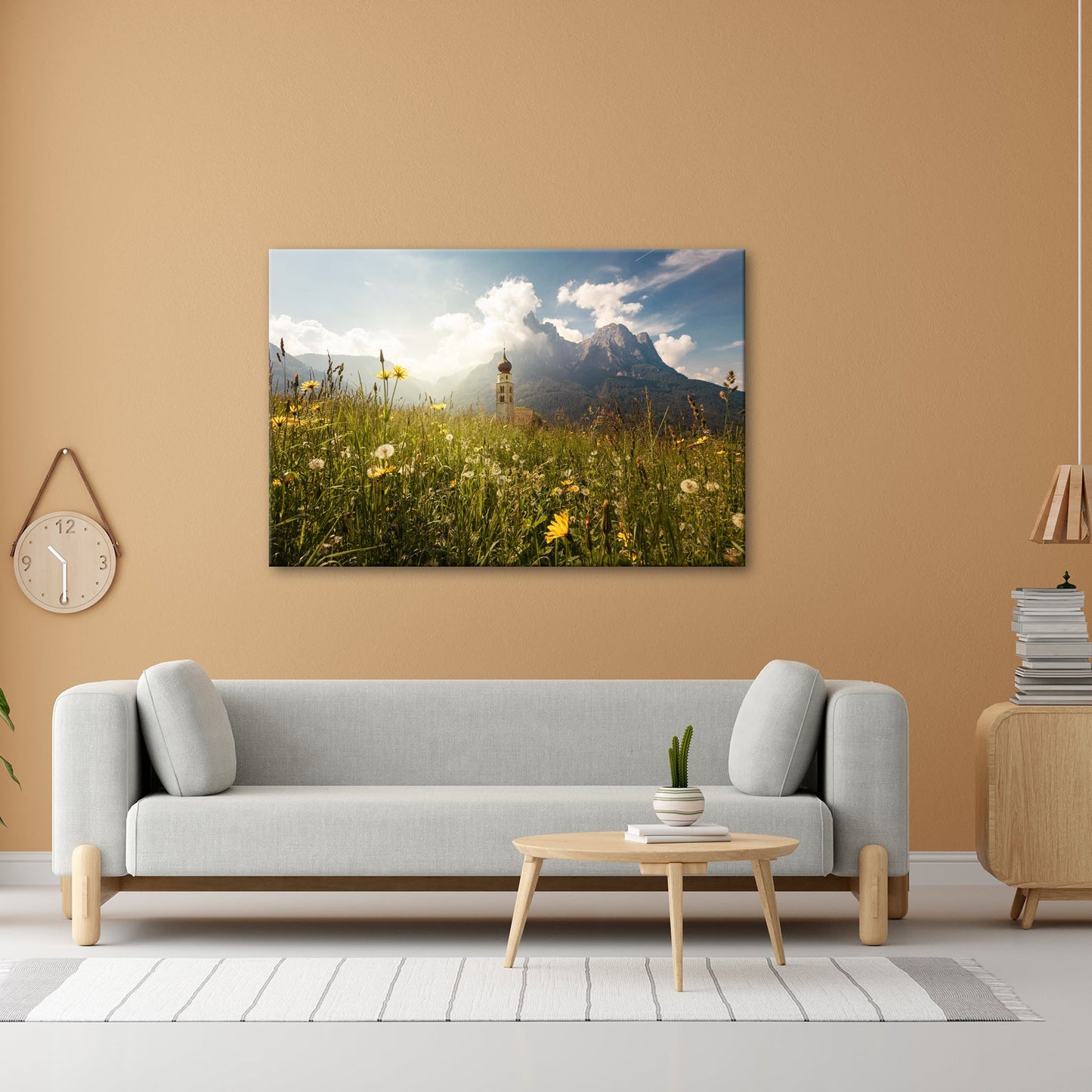 Leinwandbild Sommerwiese und Kirchturm vor majestätischer Bergkulisse - deyoli