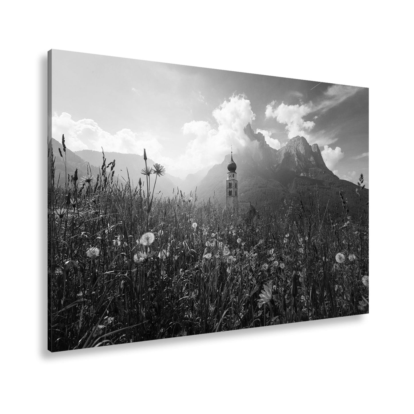 Leinwandbild Sommerwiese und Kirchturm vor majestätischer Bergkulisse - deyoli