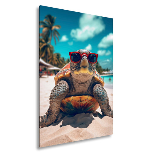 Leinwandbild Sonnenanbeterin mit Panzer und roter Brille. - deyoli