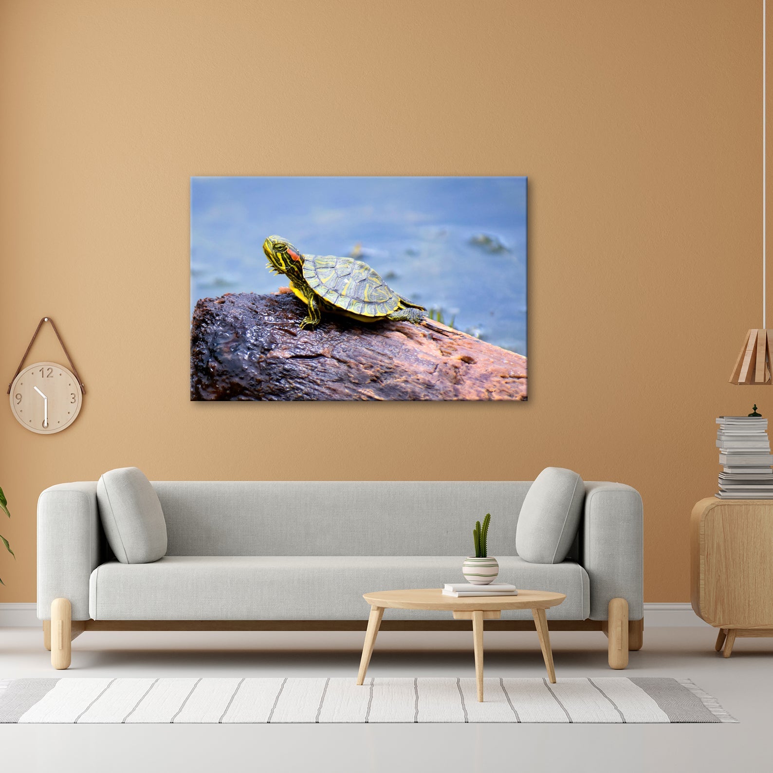 Leinwandbild Sonnenbad am Wasser – Schildkröte auf stiller Bühne. - deyoli