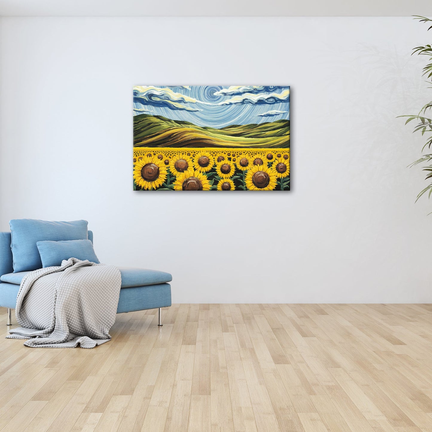 Leinwandbild Sonnenblumenmeer unter wirbelndem Himmelsblau – lebendige Kunst. - deyoli
